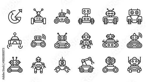 Collection of robot line icons.