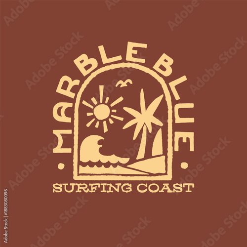 Retro handdrawn vector logo illustration surfer surfing on beach club ocean summer. Vintage outdoor apparel design