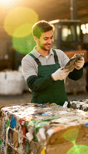 Worker sorts recycled materials at a sunny outdoor facility