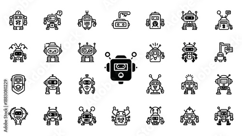 Collection of robot line icons.