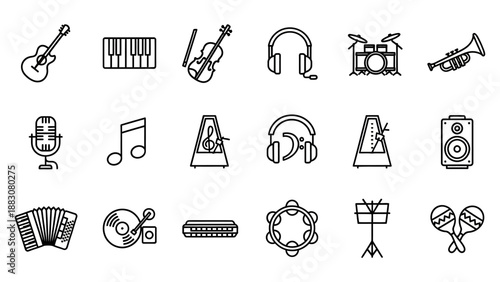 Collection of Music Icons and Symbols Outlined.