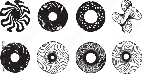 An intricate assortment of minimalist abstract black and white vector illustrations, perfect for modern business branding, technological concepts, and dynamic graphic design projects