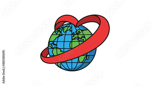 Earth globe with heart shaped red ribbon vector icon.