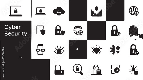 Illustrating the multifaceted world of cybersecurity with a grid of minimalist icons representing data protection, digital threats, and online safety measures