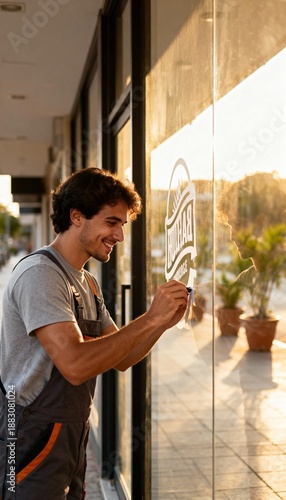 Smiling young man in overalls applies decal to sunlit storefront glass