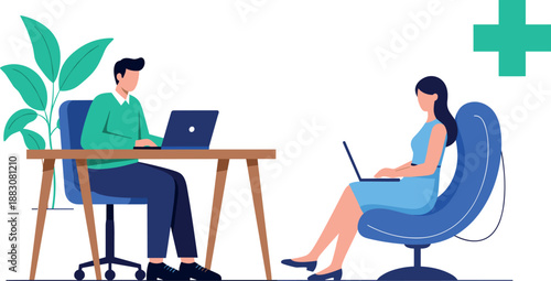 Online medical consultation illustration showing doctor and patient video call, telemedicine healthcare concept, modern flat design isolated background