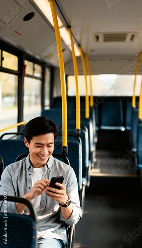 Young man smiling while using smartphone on empty bus
