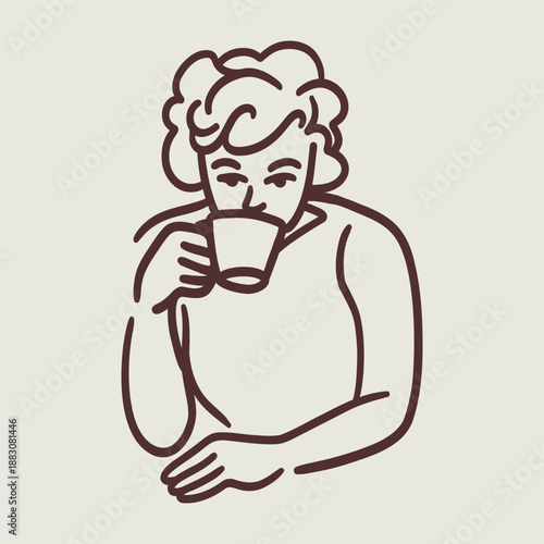 Retro hand drawn illustration icon enjoying coffee latte cafe restaurant simple logo