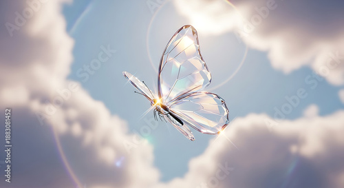 A transparent, multifaceted crystal butterfly elegantly flying through a bright, cloudy sky