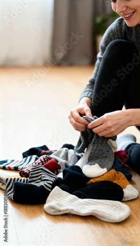 A person sorts a colorful pile of socks while sitting on a wooden floor