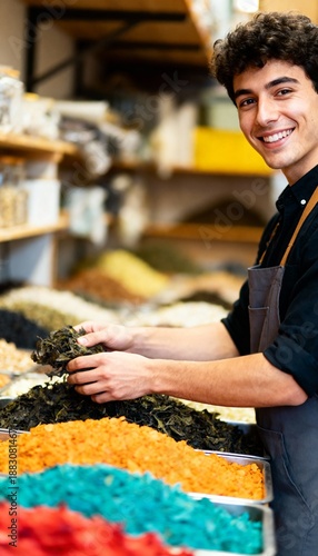 Cheerful young man smiling, sorting dried herbs in a colorful market stall