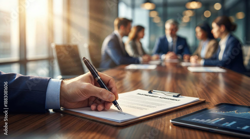Close up of business executive hand signing partnership agreement contract with fountain pen on conference table during corporate meeting with team in background.