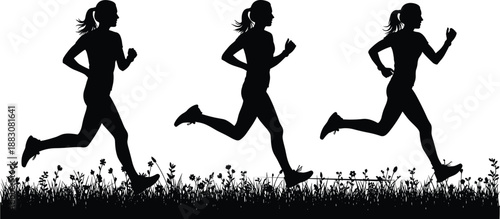 Collection of Black Silhouettes Featuring Active Women Jogging and Running Outdoors on Grass for Fitness Health Sports Training and Athletic Lifestyle Concept Assets