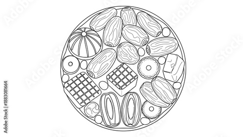 Top view of a plate with various dates fruit and traditional Arabic sweets. Ramadan Iftar food concept. Black and white line art vector illustration.