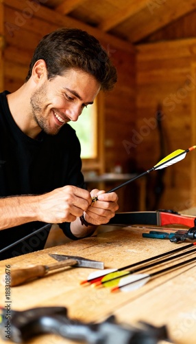 Smiling man prepares arrows for archery in rustic wooden workshop