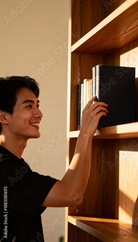 Smiling man reaches for book on sunlit wooden bookshelf