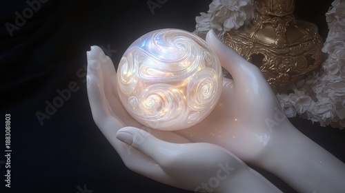 A glowing crystal orb with swirling iridescent patterns rests in delicate white hands