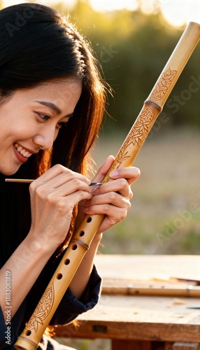Young woman intricately carves floral designs onto a bamboo flute outdoors