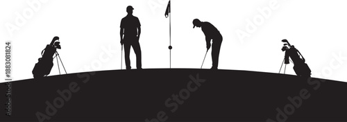 Collection of Black Silhouettes Featuring Professional Male Golfers Putting and Standing on Course with Golf Bags for Sports Competition and Outdoor Recreation Concepts