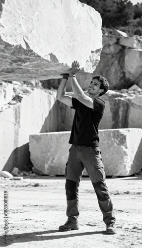 Man lifts large stone slab in quarry