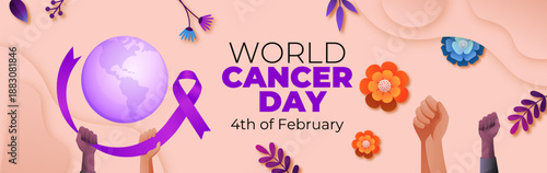 Global Cancer Awareness Concept for World Cancer Day | World Cancer Day Floral Banner with Purple Awareness Ribbon
