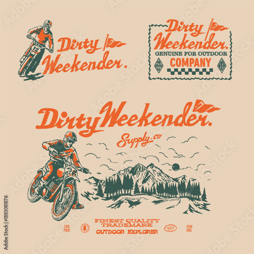 Dirty Weekender vintage custom trail bike custom motorcycle track day illustration landscape nature mountain national park. Retro outdoor adventure apparel design