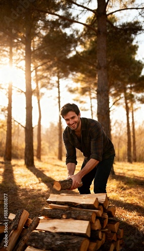 Man smiles while chopping wood in a sun-dappled forest