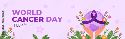 Cancer Awareness Day Banner with Purple Ribbon and Flowers | World Cancer Day Greeting Card Design with Awareness Ribbon