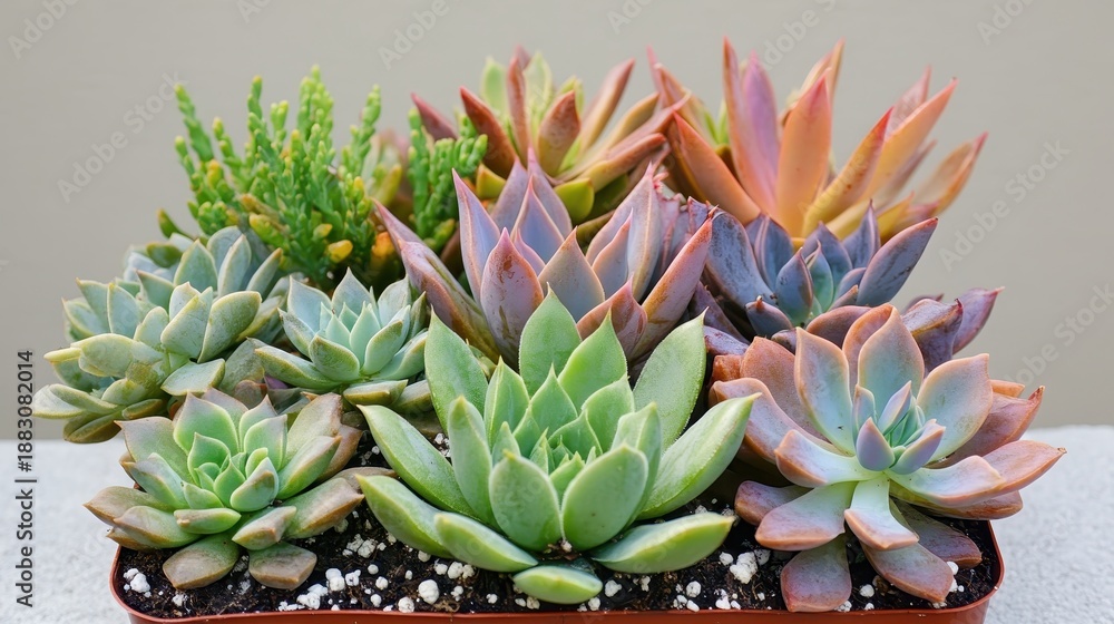 Obraz premium A vibrant miniature garden of assorted colorful succulents and cacti arranged with detailed textures and natural patterns showcasing diverse botanical beauty