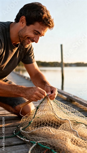 Smiling man repairs fishing net on wooden dock at sunset