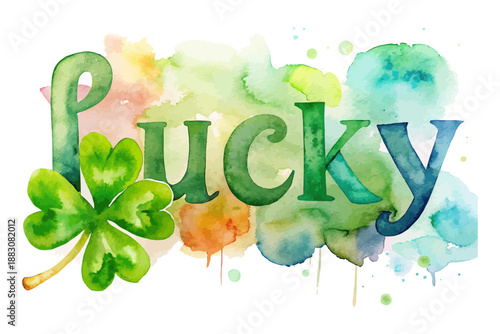 St. Patrick’s Day Typography Watercolor, Lucky Text vector illustration isolated on white background
