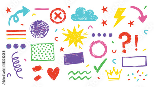 Colorful doodle sketch element set isolated on transparent background. Child drawings. Pencil crayon chalk texture on transparent background