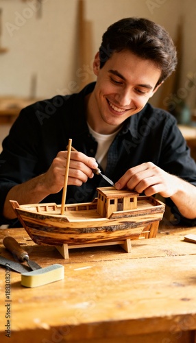 Smiling craftsman meticulously builds a detailed wooden boat model