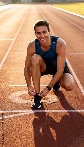 Smiling man crouches on a track, tying shoelaces, preparing to run
