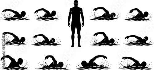 Swimmer freestyle stroke silhouette sequence with human anatomy figure, swimming motion phases, sports training illustration set