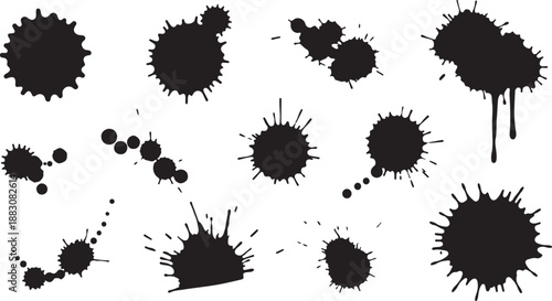 Black ink splatter set. Vector paint splash collection. Abstract grunge blot and stain shapes. Messy artistic liquid drop illustration.