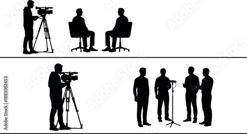 Video interview silhouette set with camera operator, television studio recording, media production teamwork illustration black white