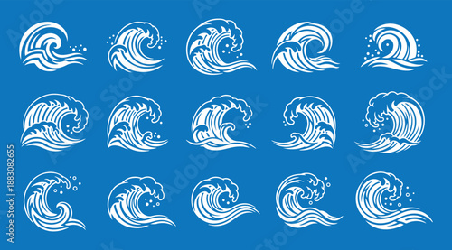 Water splash silhouettes set vector illustration. Blue stamps of ocean or sea wave with splatters and water spray, falling droplets of fountain and circle ripples, ink or paint