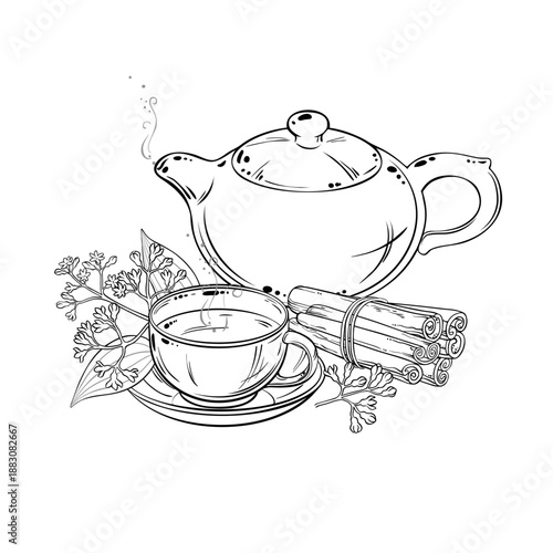 Cinnamon Tea in Teapot aroma beverage Outline Illustration. Vector isolated for Design and Decoration for Cafeteria, Posters, Banners, Cards.