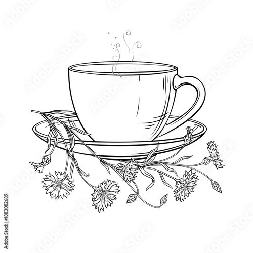 Cup of Corn Flower Tea aroma beverage Outline Illustration. Vector isolated for Design and Decoration for Cafeteria, Posters, Banners, Cards.