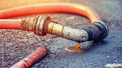 Severed hydraulic hose leaking viscous fluid onto grimy ground