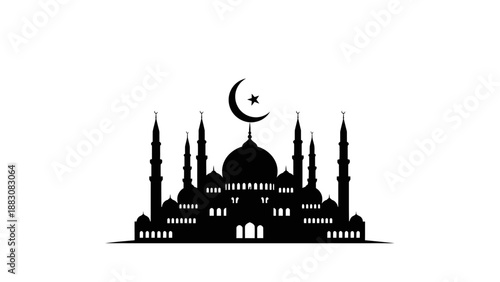 Mosque silhouette with crescent moon and star on top. Islamic religious landmark icon for Ramadan Kareem and Eid Mubarak. Black and white vector illustration.