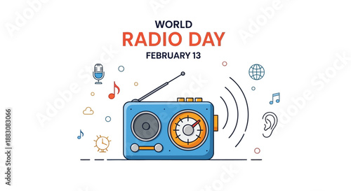 Celebrating World Radio Day with a Vintage-Style Radio Surrounded by Music and Technology Symbols on February 13
