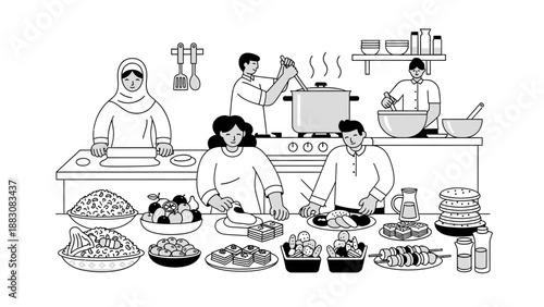 Group of people preparing traditional food for Iftar or Eid celebration. Muslim family cooking together in the kitchen. Black and white line art vector illustration.