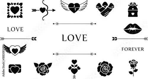 A collection of black love themed icons and symbols on a white background