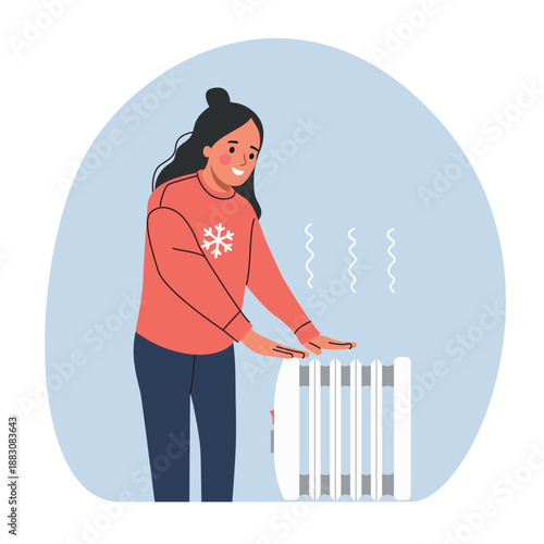 Woman Warming Hands Near Radiator in Cold Winter Home. Vector flat  cartoon illustration