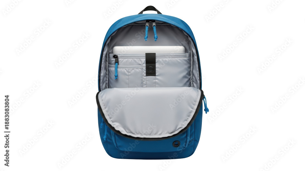 Fototapeta premium Open blue backpack with laptop inside ready for travel or school.