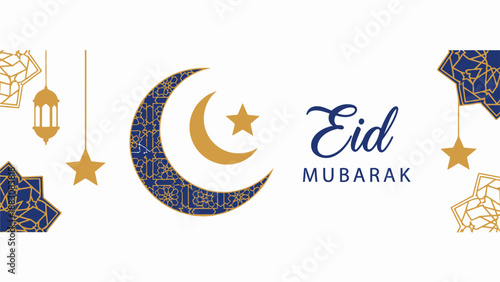 Eid Mubarak greeting banner with Islamic patterns, crescent moon, and stars. Elegant blue and gold design for Ramadan and Eid al-Fitr celebration. Vector illustration.