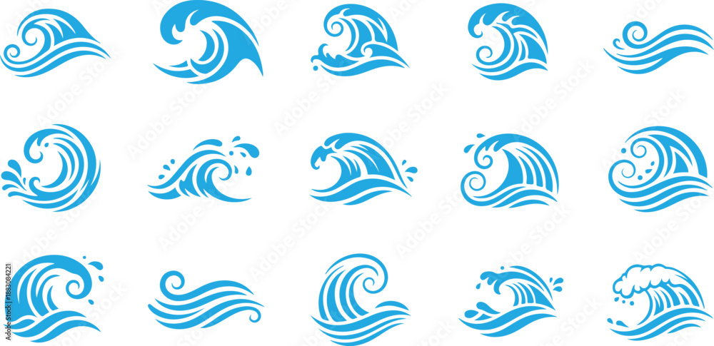 Fototapeta premium Water splash silhouettes set vector illustration. Blue stamps of ocean or sea wave with splatters and water spray, falling droplets of fountain and circle ripples, ink or paint