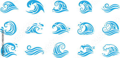 Water splash silhouettes set vector illustration. Blue stamps of ocean or sea wave with splatters and water spray, falling droplets of fountain and circle ripples, ink or paint